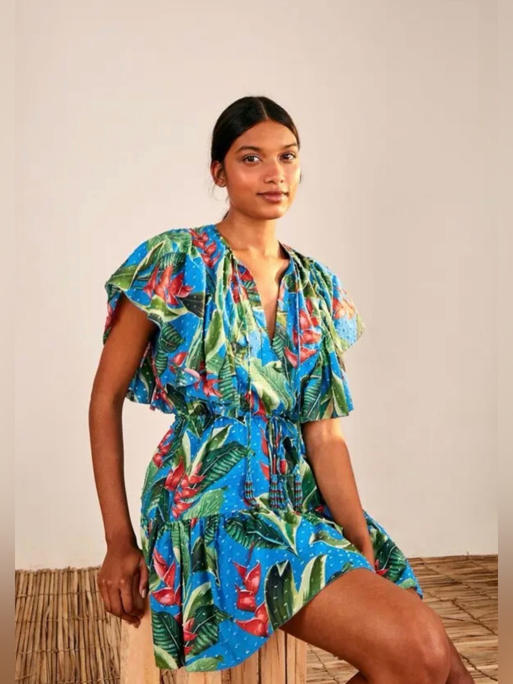 FARM Rio Dress S Blue Tropical Floral Cotton Ruffle Mini Beaded Tassel Boho